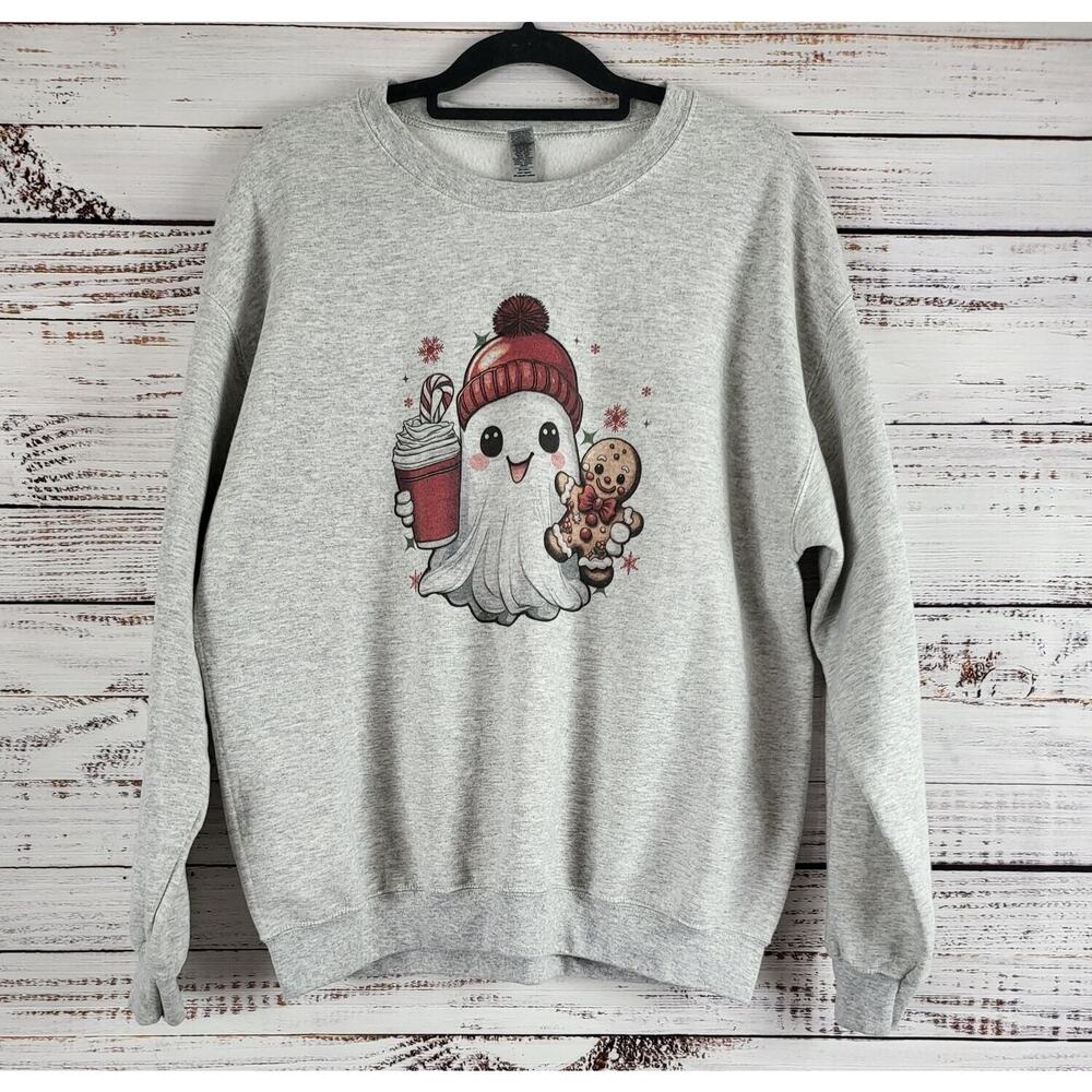 Gildan‎ Heavy Blend Christmas Ghost Sweatshirt L Womens Gray Pullover Crew Neck